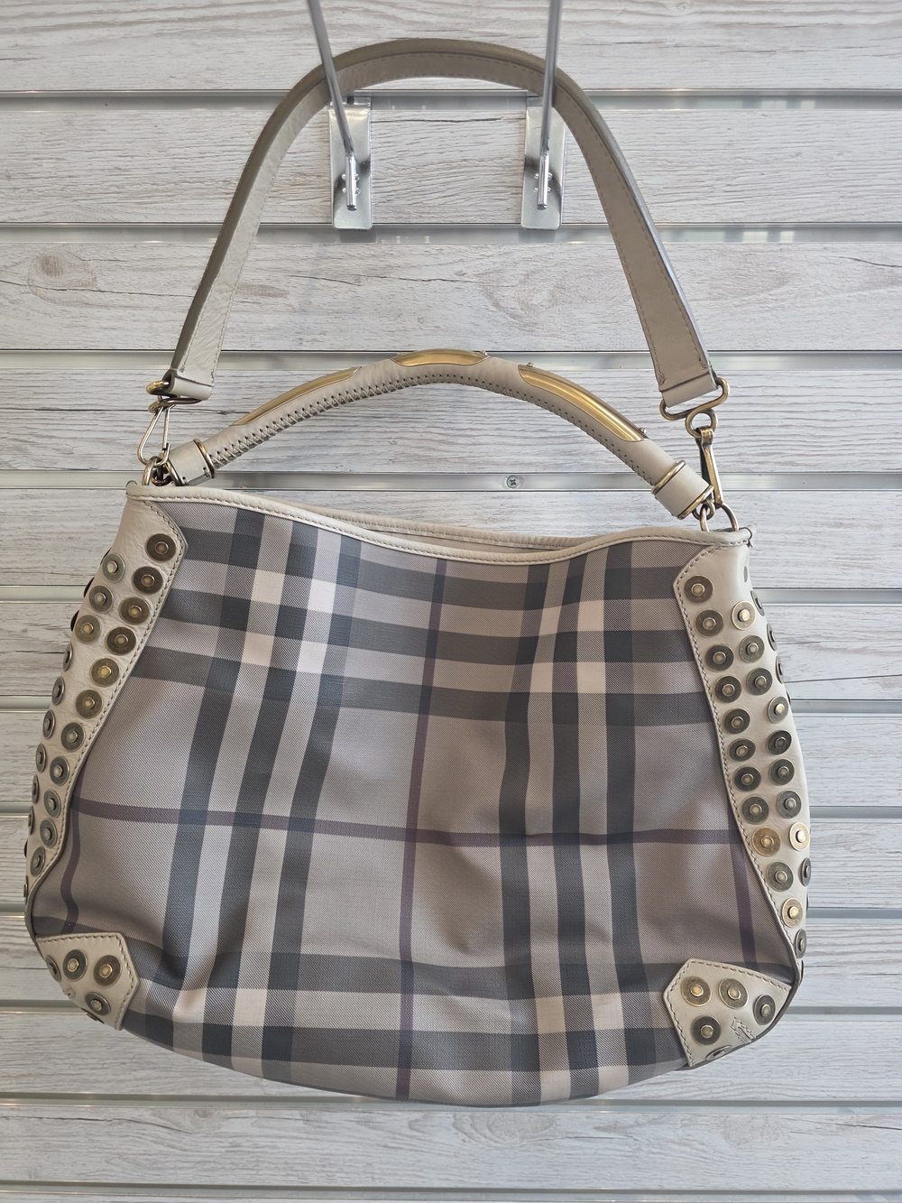 Burberry Beige and Gray Plaid Shoulder Bag with Stud Trim